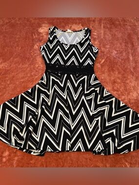 Wild Daisy Black and White Chevron Lace-Waist Fit & Flare Dress